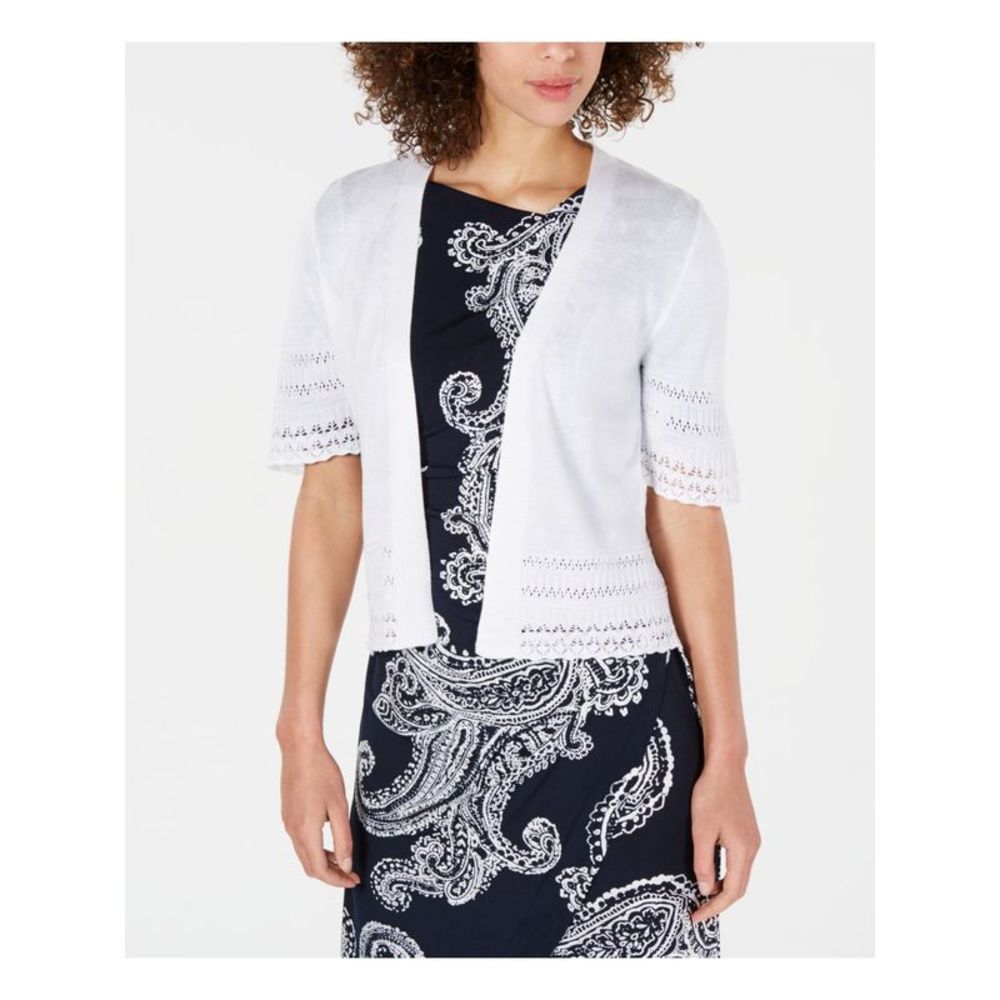 SIGNATURE Womens White Lace Short Sleeve Open Cardigan Sweater Petites PS